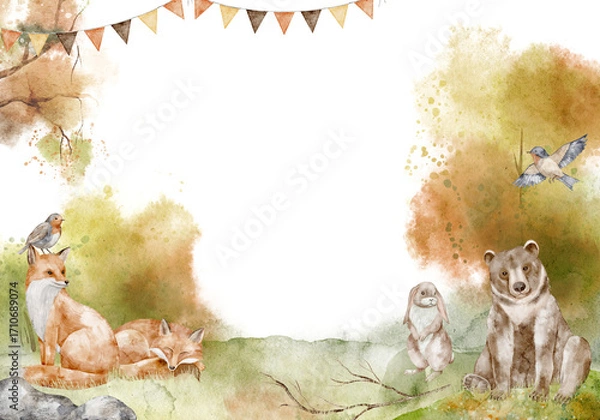 Fototapeta Watercolor Woodland card with foxes, bear and hare in autumn forest background. Illustration of template with forest animals for baby shower greeting cards, childish invitations and nursery posters.
