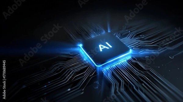 Fototapeta Glowing AI Microchip on Futuristic Circuit Board