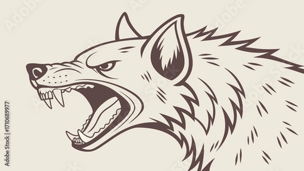 Fototapeta An illustration of a wolf's head with an aggressive grin, showcasing sharp fangs and fury, executed in monochrome. Suitable for logo designs, tattoos, and prints symbolizing strength and wild nature