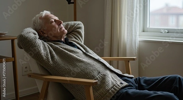 Fototapeta Pensive senior man resting in chair, deep pensive mood reflecting on life
