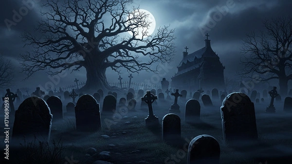 Fototapeta Moonlit Graveyard with Gnarled Tree and Gothic Church