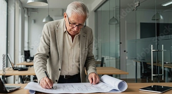 Fototapeta Experienced senior architect working on blueprint, dedicated architect planning