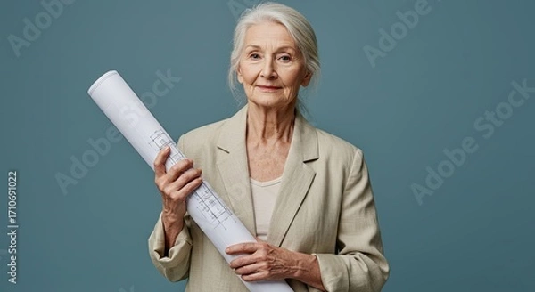 Fototapeta Senior architect woman holding blueprint, experienced architect ready for project