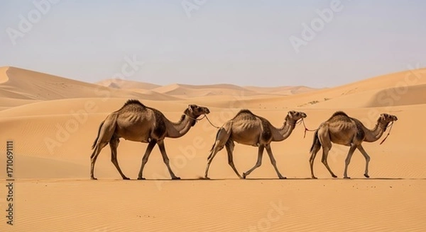 Obraz Group of Camels Walking Across Vast Sand Dunes in the Desert under a Clear Sky