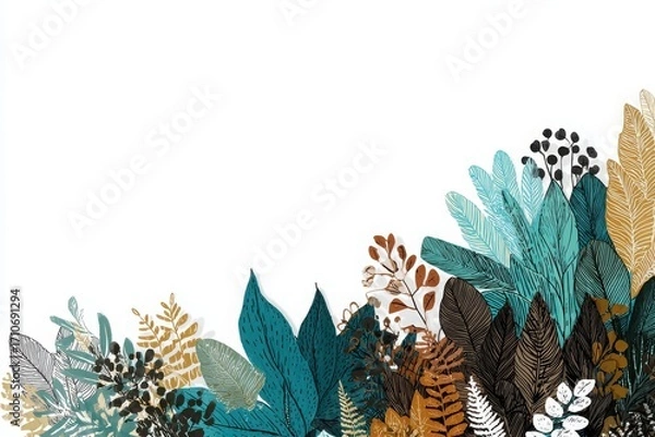 Fototapeta Colorful assortment of tropical leaves in various shapes and textures on a white background
