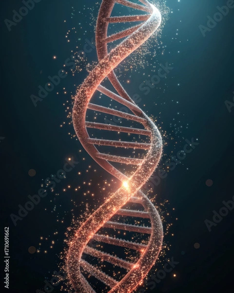Obraz Glowing double helix D N A strand with sparkling particles on dark background