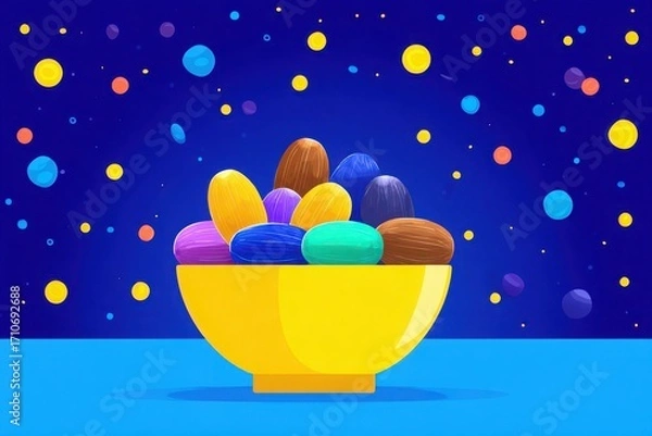 Fototapeta Colorful bowl of decorative eggs against a vibrant starry background, ideal for festive occasions
