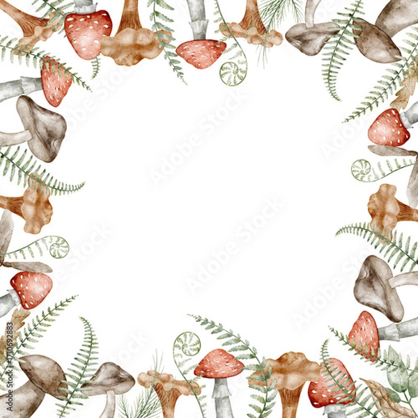 Fototapeta Watercolor Mushroom Frame with ferns and forest foliage. Illustration of square border template for autumn greeting cards or woodland posters. Drawing of fall Backdrop for invitations or backgrounds.