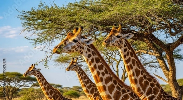 Fototapeta Majestic Giraffes Walking in African Savanna with Acacia Trees on a Bright Sunny Day