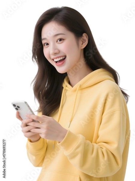 Fototapeta Yellow hoodie lady smiles using phone on a transparent background for branding, social media, and posters.