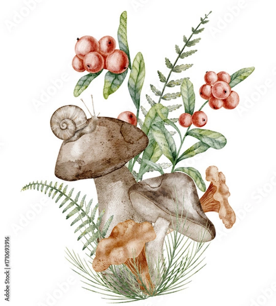 Fototapeta Watercolor illustration of forest mushrooms with foliage and berries. Drawing of Boletus and cranberry for autumn botanical designs. Art of isolated woodland Fungus with red berries and snail.