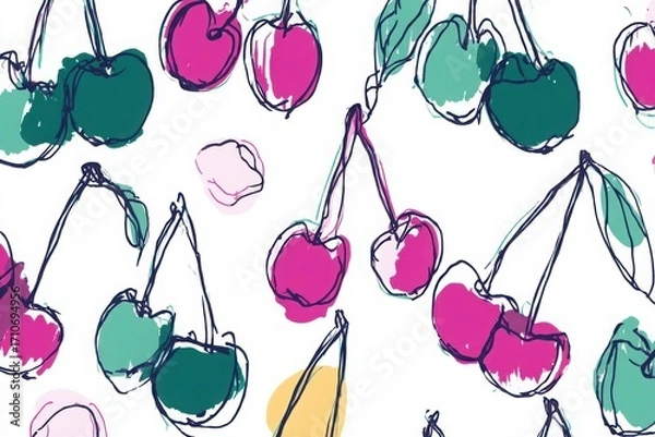 Fototapeta Colorful hand-drawn cherry pattern with vibrant pink and green hues on a white background