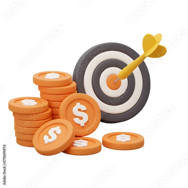 Fototapeta 3D Target with Dart and Stacks of Dollar Coins. Financial Success and Business Goals Achievement.
