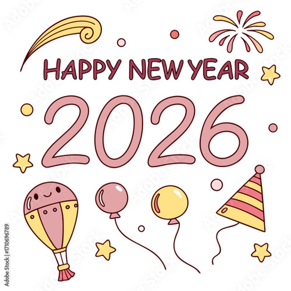 Fototapeta Cute Cartoon Happy New Year 2026 Vector with Balloons and Fireworks