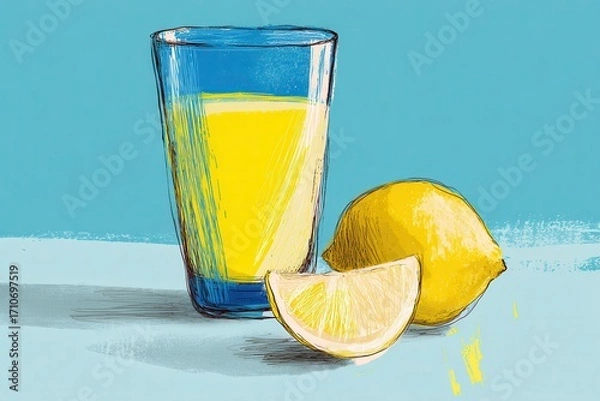 Fototapeta Colorful illustration of a glass of lemonade with lemon slices on a blue background