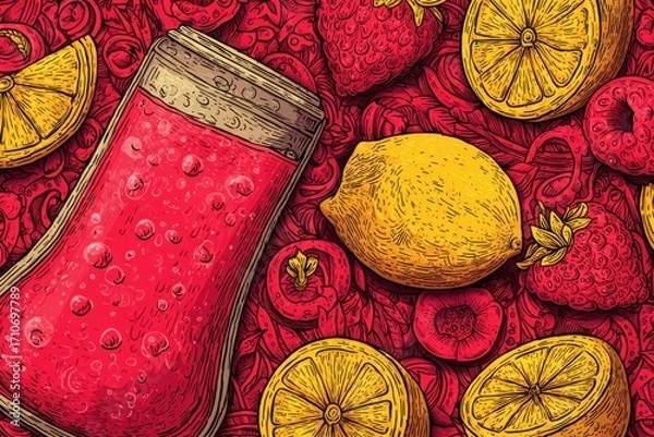 Fototapeta Colorful illustration of a refreshing drink surrounded by lemons and strawberries on a vibrant background