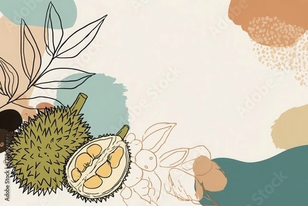 Fototapeta Colorful illustration featuring durian fruits with abstract shapes and botanical elements in background