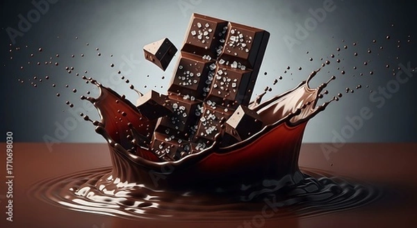 Fototapeta Dynamic Dark Chocolate Bar Splash in Molten Pool, Decadent Droplets.