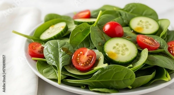 Fototapeta Fresh Spinach Salad with Tomatoes and Cucumbers on White Plate.