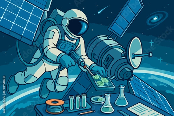 Fototapeta Astronaut in a spacesuit performing a scientific experiment on plants in space with a satellite.