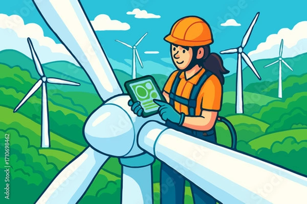 Fototapeta Female engineer or technician on a wind turbine using a tablet, a clean and renewable energy illustration.