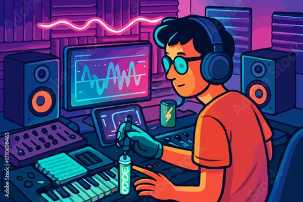 Fototapeta Sound engineer in a futuristic studio mixing and producing music, a modern audio production vector illustration.