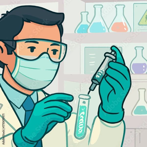 Fototapeta Medical scientist in a mask and gloves, using a syringe to inject a substance into a test tube.