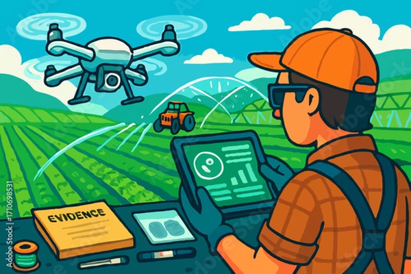 Fototapeta Farmer using a drone and tablet to monitor crops, a modern agricultural technology and smart farming illustration.