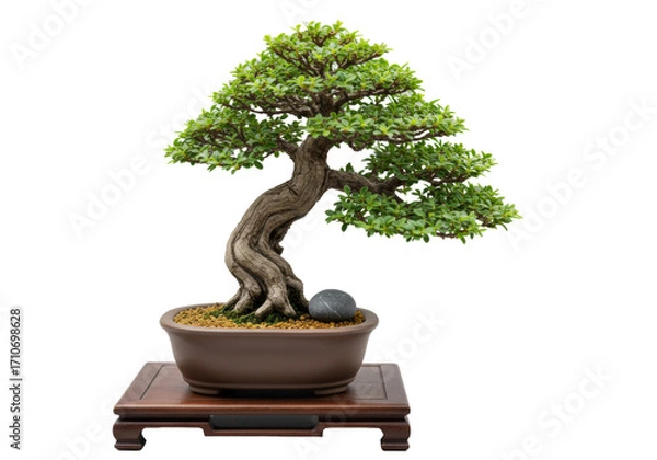 Fototapeta miniature deciduous bonsai tree with gnarled trunk, vibrant green canopy in dark ceramic pot, river stone on wood stand, transparent background. concept of natural artistry