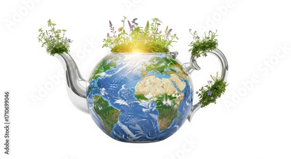 Fototapeta 3d teapot shaped earth with growing greenery overflowing isolated on transparent background