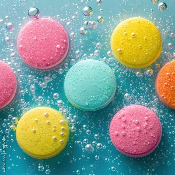 Obraz Macro shot of colorful fizzing antacid tablets dissolving in bubbly blue water