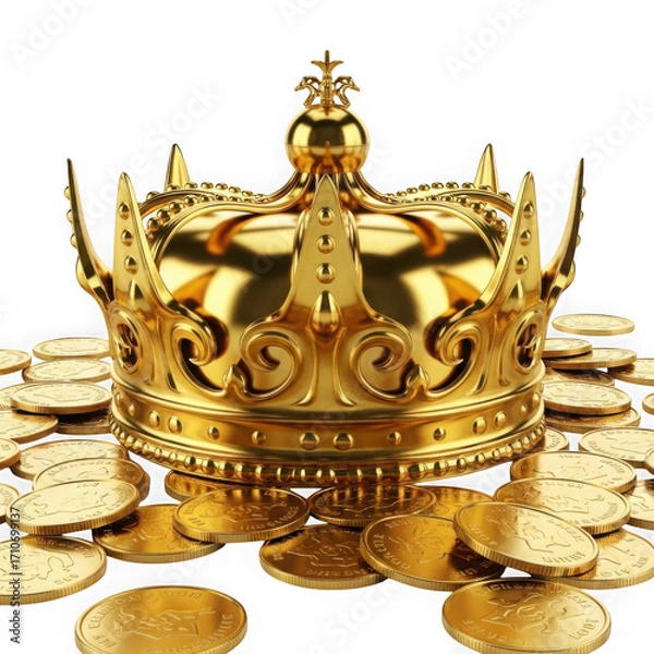 Fototapeta 3d ornate golden royal crown resting on pile of gold coins isolated on transparent background