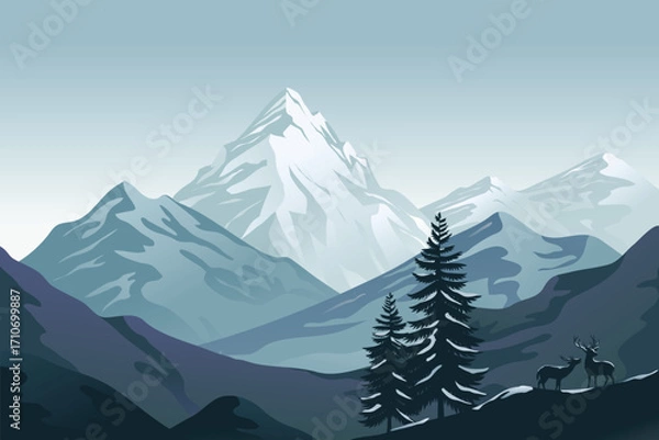 Fototapeta  illustration of snowy mountains with tall pine trees and two deer standing on a hill in the foreground in winter landscape.