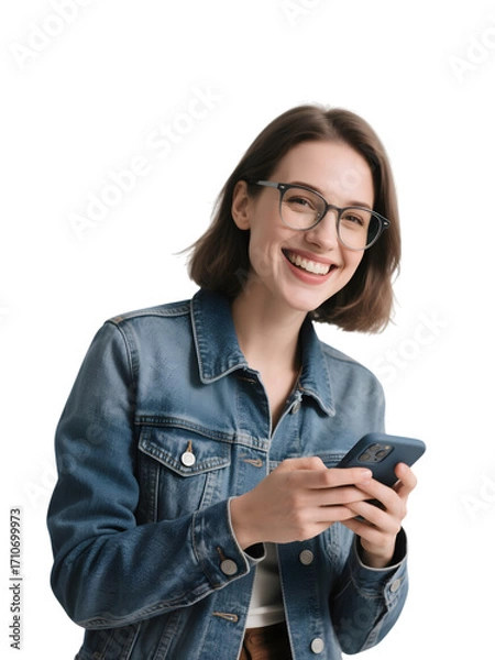 Fototapeta Smiling girl in denim jacket uses phone on transparent background for PNG, product, or social media use.