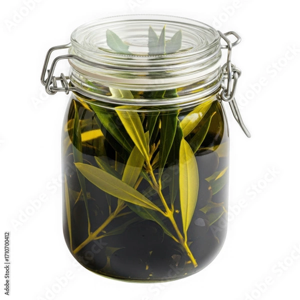 Fototapeta 3d realistic olive jar infused in oil with fresh branches isolated on transparent background