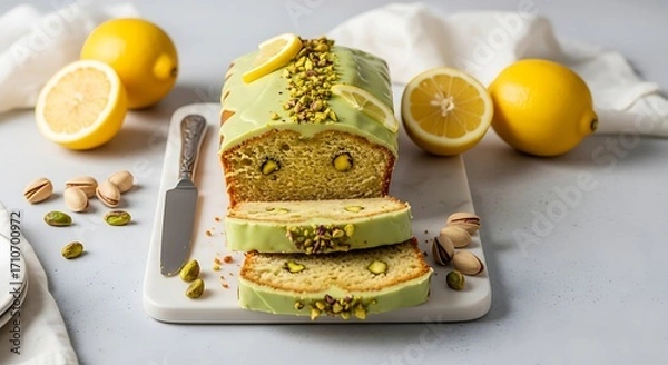 Fototapeta Lemon Pistachio Loaf Cake - Sliced, Glazed, and Garnished on a Marble Board with Fresh Lemons.