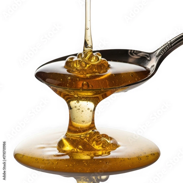 Fototapeta 3d golden honey pouring onto spoon and plate realistic render isolated on transparent background