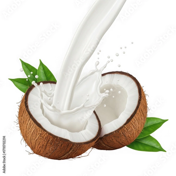 Fototapeta 3d realistic coconut milk splash fresh tropical fruit isolated on transparent background