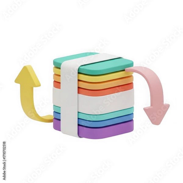 Fototapeta 3d stack of colorful geometric shapes with indicating arrows isolated on transparent background