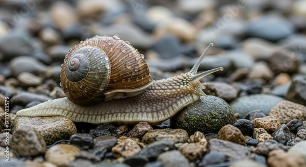Fototapeta Close-Up of a Snail Crawling Slowly on Wet Pebbles in Nature
