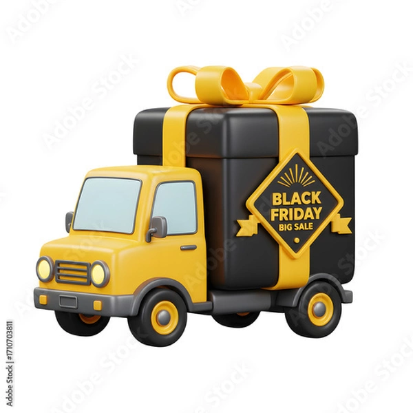 Fototapeta 3D Black Friday Big Sale Delivery Truck with a Large Gift Box. Shopping, E-commerce, and Marketing Concept.
