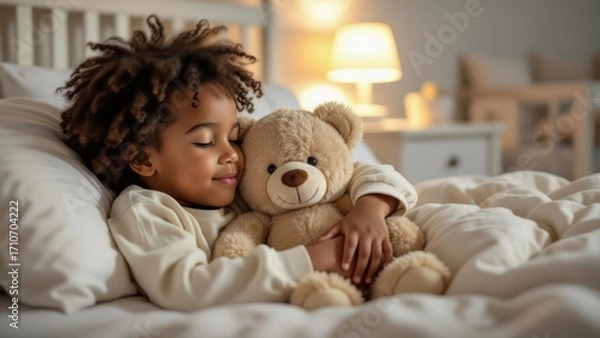 Fototapeta Boy hugging teddy bear at night, cozy atmosphere with soft glow, affection felt in warmth. Concept of boy hugging teddy bear at night, capturing innocence and comfort.