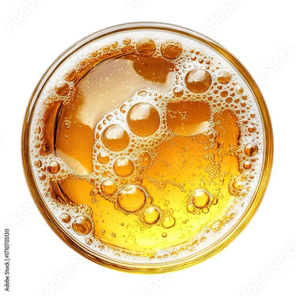 Fototapeta Top view of foamy beer with golden bubbles, isolated on transparent cutout background