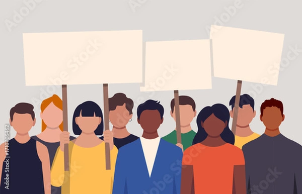 Fototapeta Diverse group of protesters standing together in a line, holding empty white rectangular signs on wooden poles.