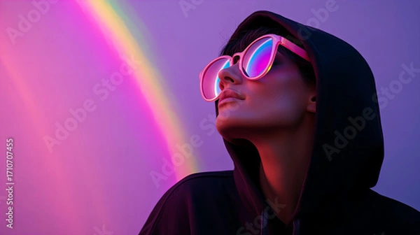 Fototapeta Stylish modern woman in hoodie with oversized neon sunglasses reflecting colorful lights and futuristic glow in vibrant purple background