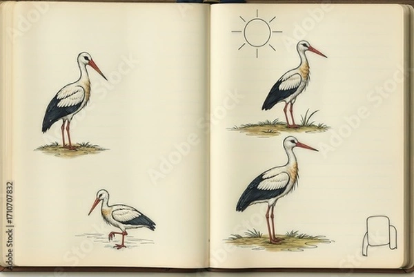 Obraz Educational children’s book illustration with storks, vintage drawing style in natural colors, learning and wildlife concept with space to copy