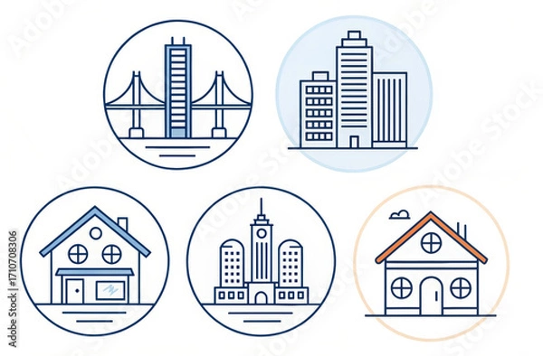Obraz Set of five circular outline icons depicting city landmarks and houses in blue and orange