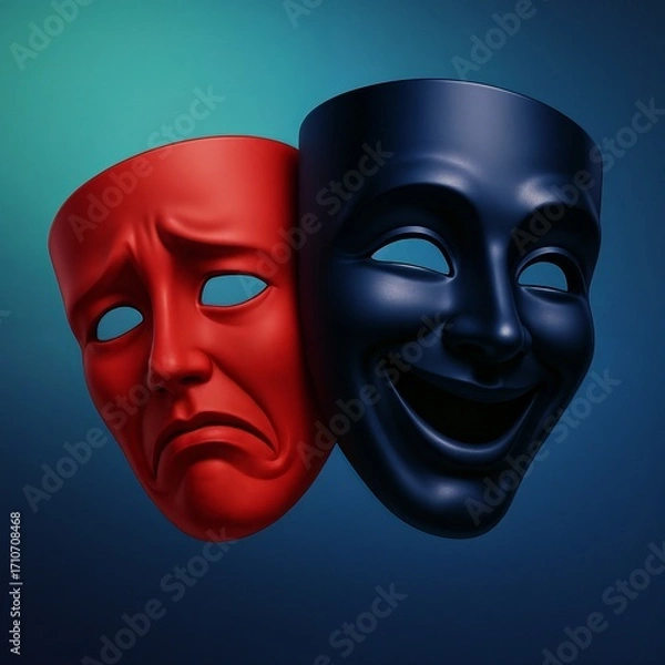 Obraz Theatrical comedy and tragedy masks in 3D style, red and blue colors, drama and performance concept, World Theatre Day