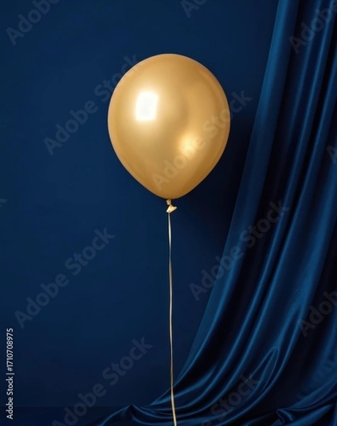 Obraz Single gold balloon floats against a dark blue satin drape