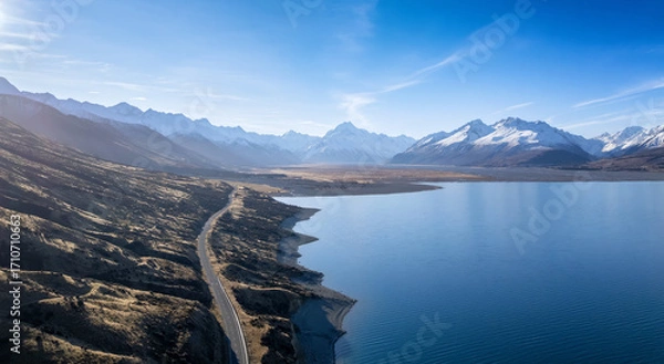 Fototapeta Aerial view of the highway to Mt. Cook along Lake Pukaki in South Island of New Zealand on a clear day